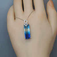 Blue Tourmaline Necklace Sterling Silver Rectangle Unique Design Aquamarine Style Blue Gemstone Jewelry #988
