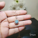 Round Aquamarine Necklace - Rose Gold Square Blue Stone Pendant - Solitaire 8 mm Blue Aquamarine Jewelry #140