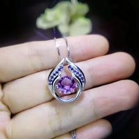 Genuine Amethyst Necklace - Hold Your Heart Pendant - 18KGP @ Sterling Silver - Blue Sapphire Style - Round Cut Natural Amethyst Pendant 700