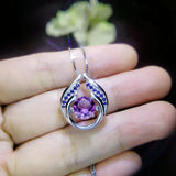 Genuine Amethyst Necklace - Hold Your Heart Pendant - 18KGP @ Sterling Silver - Blue Sapphire Style - Round Cut Natural Amethyst Pendant 700