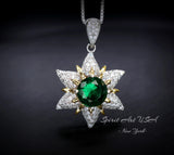 Diamond Star Emerald Necklace - 18KGP Sterling Silver - Luxury 6 Point Star Pendant Green Emerald Jewelry - Hexagram Celestial Art Deco 1016