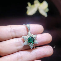 Diamond Star Emerald Necklace - 18KGP Sterling Silver - Luxury 6 Point Star Pendant Green Emerald Jewelry - Hexagram Celestial Art Deco 1016