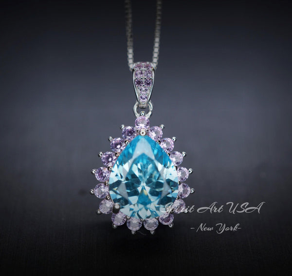 Large Aquamarine Necklace - Pink tourmaline accent Pendant - 18KGP @ Sterling Silver - Pear Cut 4 CT Aquamarine Pendant #596