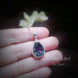 Large Teardrop Mystic Topaz Necklace 5 CT Gemstone Halo Pear Rainbow Topaz Pendant Sterling Silver White Gold Plated Solitaire #564