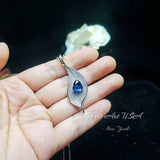 Gemstone Leaf Blue Sapphire Necklace White Gold coated Full Sterling Silver - Large Single 3 CT Teardrop Blue Sapphire Gemstone Jewelry #907