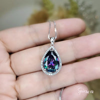 Large Teardrop Mystic Topaz Necklace 5 CT Gemstone Halo Pear Rainbow Topaz Pendant Sterling Silver White Gold Plated Solitaire #564