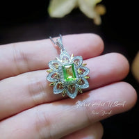 Spirit Flower Genuine Peridot Necklace White Gold coated Sterling Silver Gemstone Gold Rectangle Peridot Pendant Goddess Athena Jewelry #764