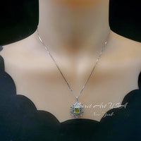 Spirit Flower Genuine Peridot Necklace White Gold coated Sterling Silver Gemstone Gold Rectangle Peridot Pendant Goddess Athena Jewelry #764