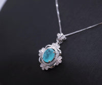 Paraiba Tourmaline Necklace - 18KGP @ Sterling Silver - Royal Flower Blue Gemstone Necklace - Green Paraiba Pendant #539