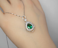 Large Emerald Necklace - 18KGP Sterling Silver - Flower Leaf Teardrop Emerald Jewelry- May Birthstone - Solitaire Halo Emerald Pendant #535