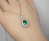 Large Emerald Necklace - 18KGP Sterling Silver - Flower Leaf Teardrop Emerald Jewelry- May Birthstone - Solitaire Halo Emerald Pendant #535