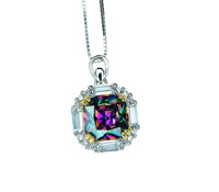 Dainty Cushion Mystic Topaz Necklace - Sterling Silver Gemstone Square Halo Solitaire Royal Rainbow Topaz Jewelry #173