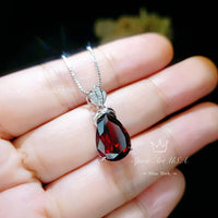 Large Teardrop Garnet Necklace - Sterling Silver Gemstone Royal Pear Lab Created Deep Orange Red Garnet Pendant Jewelry 6.5 CT #667