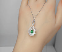 Large Emerald Necklace - 18KGP Sterling Silver - Flower Leaf Teardrop Emerald Jewelry- May Birthstone - Solitaire Halo Emerald Pendant #535