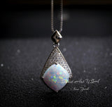 Rhombic Style White Opal Necklace - 18KGP Sterling Silver - Diamond Cushion Cut - Large White Synthetic Opal Pendant October Birthstone #968