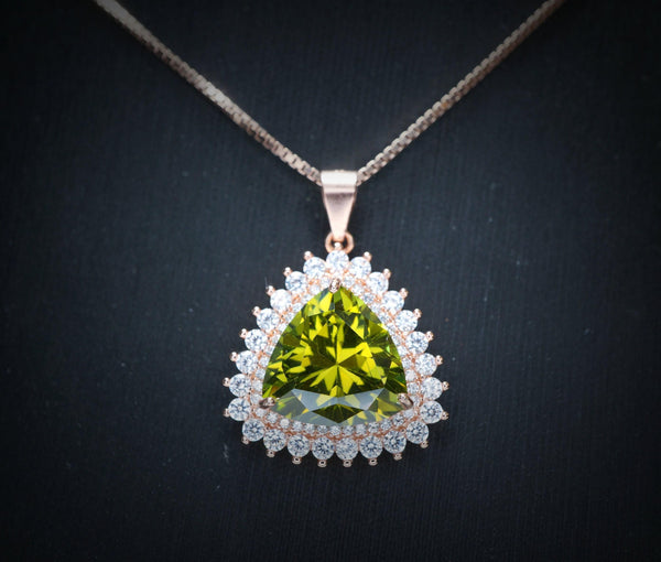 Large Triangle Green Peridot Necklace - Rose Gold Coated Sterling Silver High Quality Trillion Cut 8 CT Peridot Pendant #727