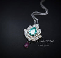 Green Paraiba Tourmaline Necklace - 18KGP @ Sterling Silver - Gemstone Lotus Flower Necklace - Large Paraiba Pendant #923