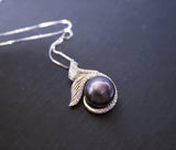 Natural Black Pearl Necklace Sterling Silver, Large Freshwater bridal Peal jewelry Mermaid Fish Tail Jewelry 1098