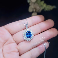Large Blue Sapphire Necklace - 2.8 CT Double Halo Gemstone Blue Sapphire Pendant - September Birthstone - Jewelry #646