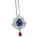 Tanzanite Necklace - Gemstone Lotus Flower Pendant - Sterling Silver - Teardrop Halo Large Deep Blue Tanzanite 2.75 CT #921