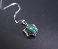 Genuine Malachite Necklace Silver - 925 Sterling Silver Green Malachite Pendant , Geometric Hexagonal Malachite Jewelry #137