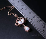 Rose Gold Opal Necklace - Fire White Opal Tassel Necklace - Wedding Bridal Pendant, Phoenix Jewelry Synthetic Fire Opal Flower #532