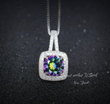 Mystic Topaz Pendant - 18KGP @ Sterling Silver - Gemstone Square Halo Solitaire - Royal Rainbow Topaz Jewelry #139