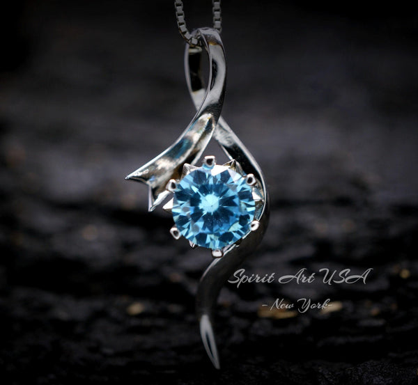Blue Aquamarine Necklace, White Gold Coated Sterling Silver, Bow 2 CT Blue Gemstone Pendant, Swirl Infinity Jewelry Bridal Blue #938