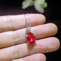 Classic Simple Ruby Necklace - 18KGP& Sterling Silver - Teardrop Red Ruby Pendant - July Birthstone - Pear 3.5 CT Large #683