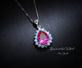 Teardrop Pink Sapphire Necklace - Aquamarine Halo Pink Sapphire Pendant - 18KGP - Sterling Silver - 2.75 CT Fuchsia Gemstone Jewelry #669