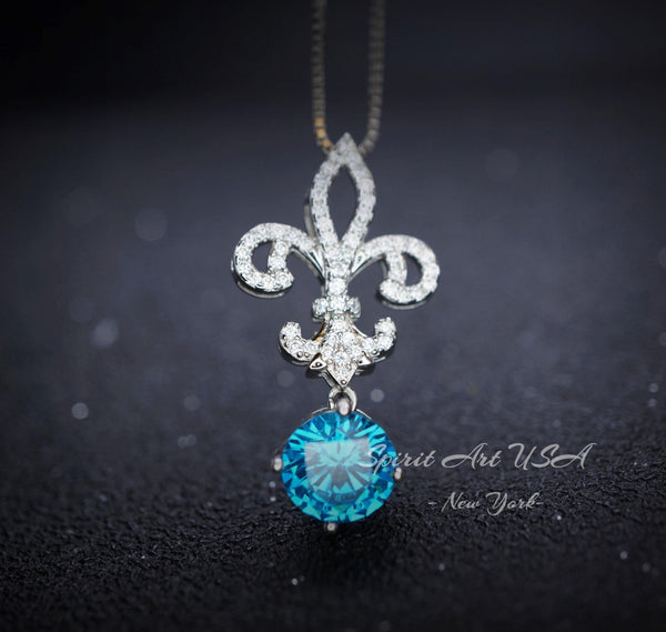 Blue Topaz Necklace - Gemstone Kite Flower Necklace - Round Blue Topaz Pendant - November Birthstone - Blue Topaz Jewelry #403
