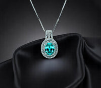 Green Paraiba Necklace - Double Halo - Paraiba Tourmaline Pendant - 18kgp @ Sterling Silver White Gold Oval Cut Paraiba Jewelry #516