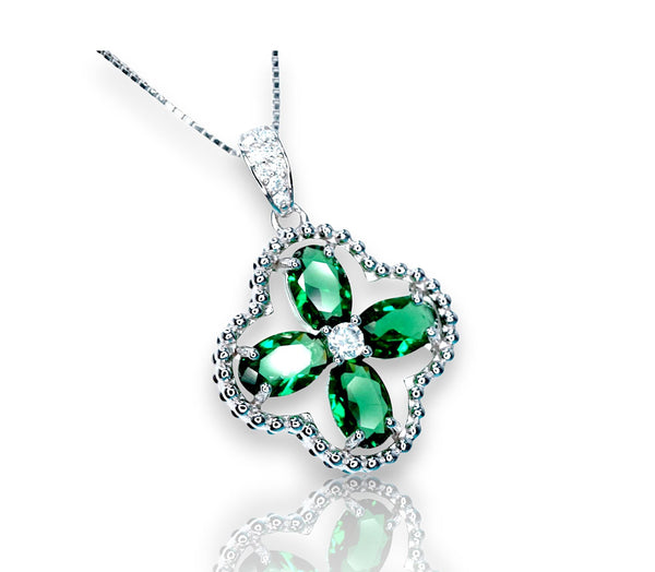 Four Leaf Clover Emerald Necklace Sterling Silver Green Emerald Pendant May Birthstone Simple Gemstone Jewelry 080