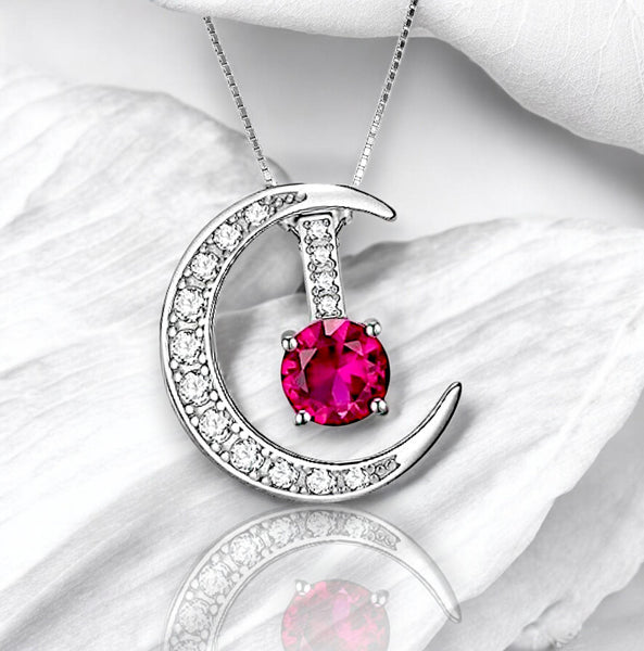Crescent Moon Ruby Necklace full 925 Sterling Silver Two Pendant One Necklace July Birthstone adjustable chain #226