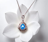 Deep Swiss Blue Topaz Necklace - Rose Gold Coated Sterling Silver Flower Teardrop Large 3ct blue topaz Pendant #1119