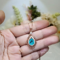 Blue Paraiba Tourmaline Necklace Rose Gold Coated Sterling Silver Leaf Feather Teardrop Blue Paraiba Pendant #458