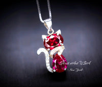 Ruby Necklace Sterling Silver Cat 1.5 Ct Kitty Sim Gemstone Red Pendant 18kgp July Birthstone Pet Lover Jewelry #211