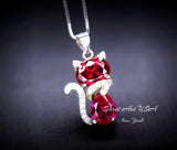 Ruby Necklace Sterling Silver Cat 1.5 Ct Kitty Sim Gemstone Red Pendant 18kgp July Birthstone Pet Lover Jewelry #211