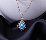 Deep Swiss Blue Topaz Necklace - Rose Gold Coated Sterling Silver Flower Teardrop Large 3ct blue topaz Pendant #1119