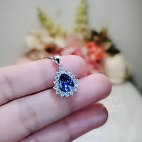 Teardrop Blue Sapphire Necklace Gemstone Halo 2.1 CT Sapphire Pendant Sterling Silver Pear Blue Gemstone Jewelry #394