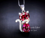 Ruby Necklace Sterling Silver Cat 1.5 Ct Kitty Sim Gemstone Red Pendant 18kgp July Birthstone Pet Lover Jewelry #211