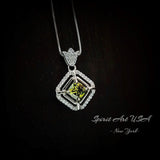 Diamond Crown Square Peridot Necklace 18KGP @ Sterling Silver - Double Halo 0.9 CT Green Peridot Pendant Jewelry - August Birthstone #033
