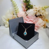 Blue Paraiba Tourmaline Necklace Rose Gold Coated Sterling Silver Leaf Feather Teardrop Blue Paraiba Pendant #458