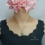 Blue Paraiba Tourmaline Necklace Rose Gold Coated Sterling Silver Leaf Feather Teardrop Blue Paraiba Pendant #458