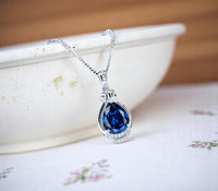 Blue Sapphire Necklace - Teardrop Gemstone White Gold Sterling silver 2.8 CT Sapphire Pendant - Large Bridal Jewelry #487