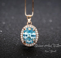 Aquamarine Necklace - Rose Gold Halo Blue Aquamarine Pendant - 18kgp @ Sterling Silver - March Birthstone #300