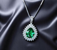 Double Halo Teardrop Emerald Necklace - 18KGP Sterling Silver - 3 CT Large Nano Green Emerald Pendant - Gemstone Pear Jewelry 1120