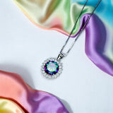 Mystic Topaz Necklace - Gemstone Sunflower Style - White Gold plated Sterling Silver - Princess Diana Style 10mm Rainbow Topaz Jewelry #363