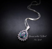 Mystic Rainbow Topaz Necklace – 4CT Teardrop Halo Pendant, Pink Tourmaline, 18K 925 Sterling Silver Jewelry November Birthstone #967