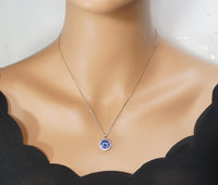 10mm 3 ct Tanzanite Necklace - Princess Diana Sunflower Simple Solitaire Halo - Lab Created Energic Blue Tanzanite Pendant #505